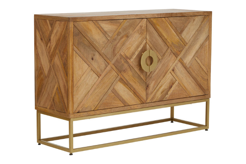 Wooden sideboard with geometric pattern and gold accents on a white background