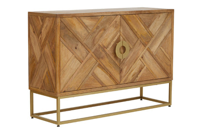 Wooden sideboard with geometric pattern and gold accents on a white background