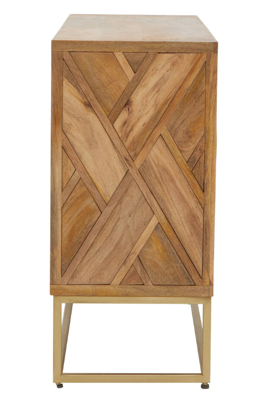 Wooden side table with geometric pattern on a white background