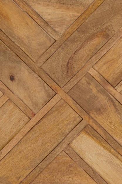 Close-up of wooden sideboard with a herringbone pattern