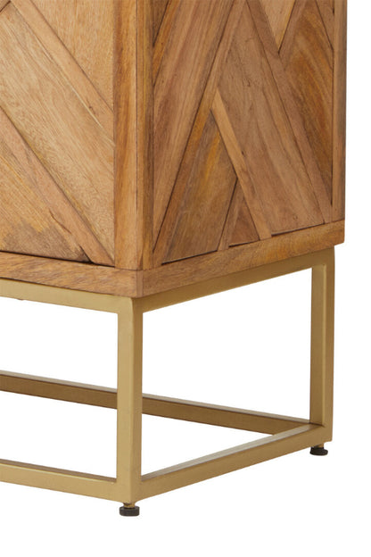 Wooden cabinet with geometric pattern and metal base on a white background