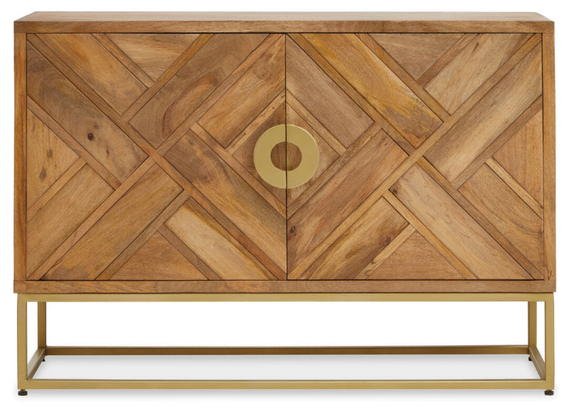 Wooden cabinet with geometric pattern and gold accents on a white background