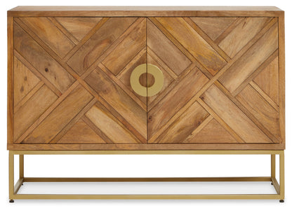 Wooden cabinet with geometric pattern and gold accents on a white background