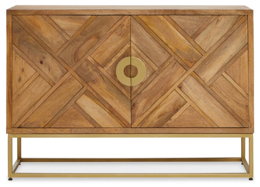 Wooden cabinet with geometric pattern and gold accents on a white background