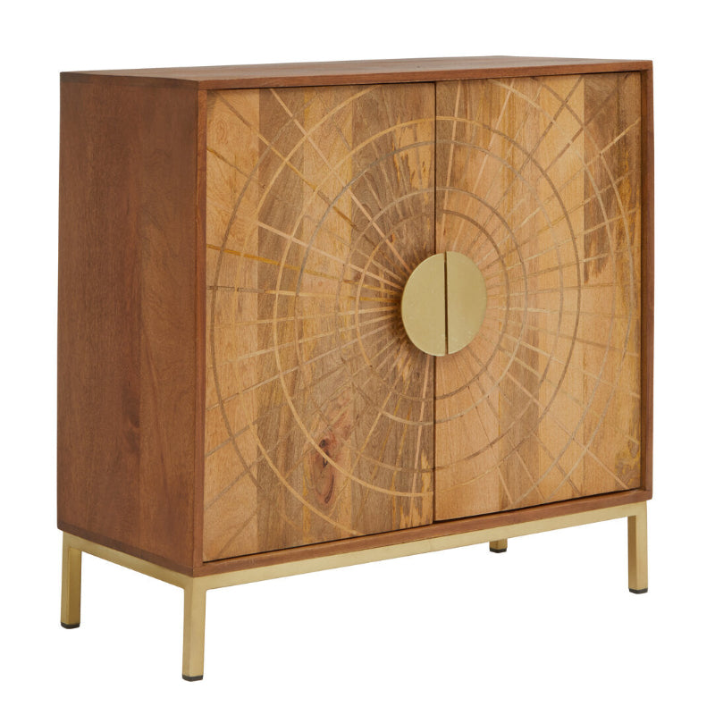 Wooden cabinet with geometric design and gold accents on a white background