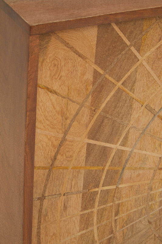 Close-up of a wooden panel with a geometric pattern