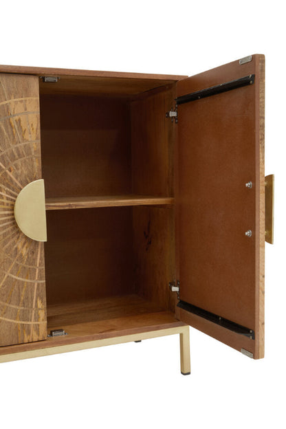 Wooden cabinet with open door on a white background