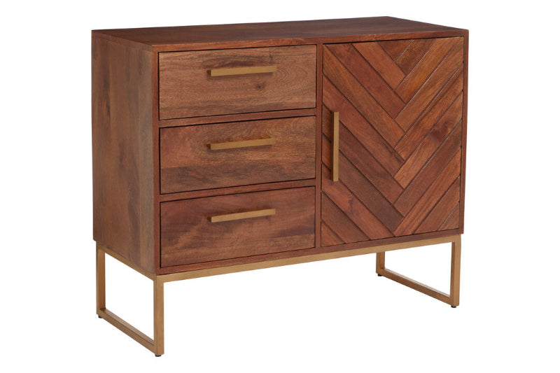 Wooden dresser with three drawers and a chevron-patterned door on a white background