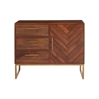 Wooden cabinet with chevron pattern and three drawers on a white background