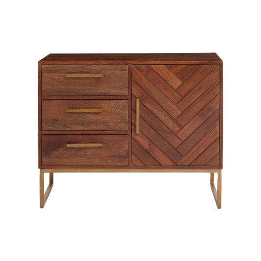 Wooden cabinet with chevron pattern and three drawers on a white background