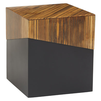 Wooden side table with zebra pattern top and black base on a white background