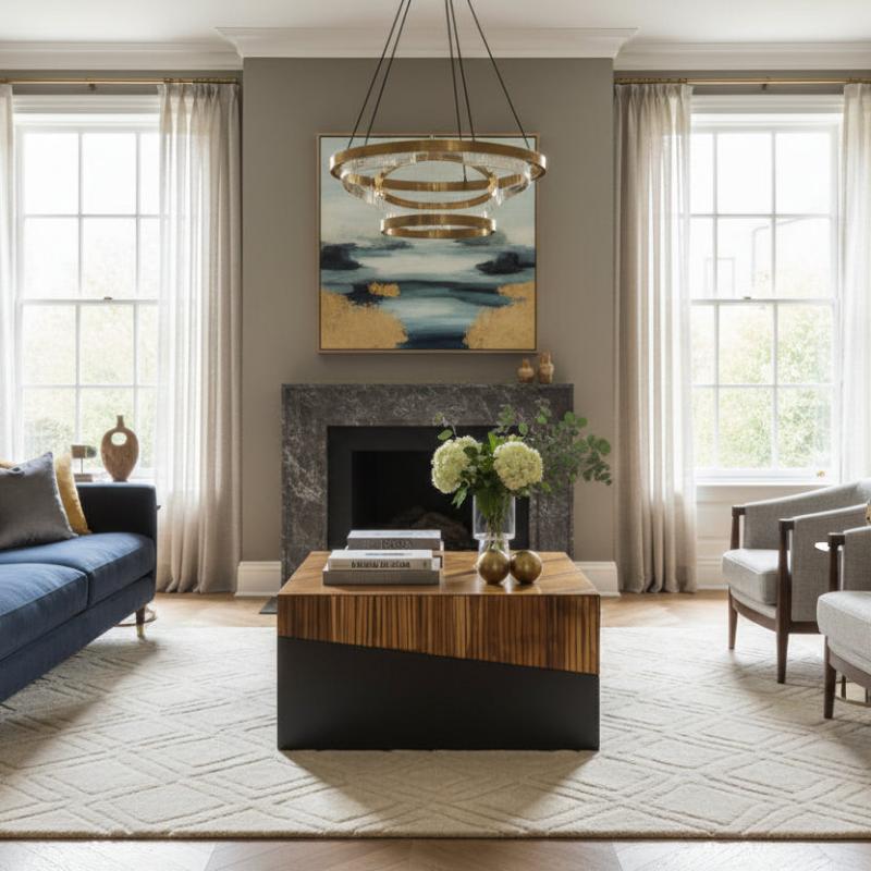 Modern living room with a fireplace, coffee table, and decorative elements.