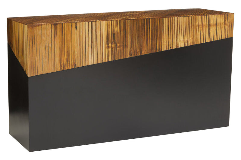 Rectangular console table with wooden top and black base on a white background
