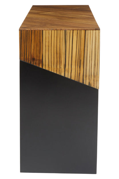 Wooden and black rectangular side table on a white background