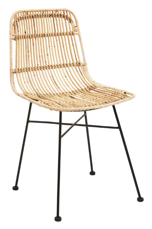 Wicker chair with black metal legs on a white background