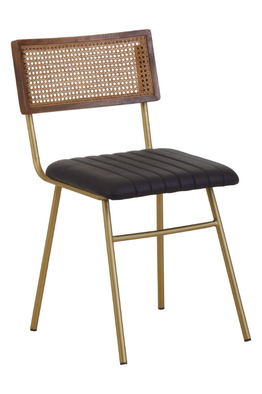 Chair with wicker backrest and black cushion on a white background