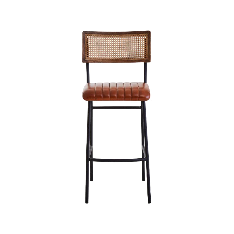 Bar stool with wicker backrest and brown leather seat on a white background