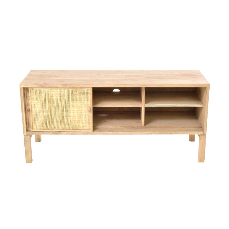 Wooden TV stand with wicker door on a white background