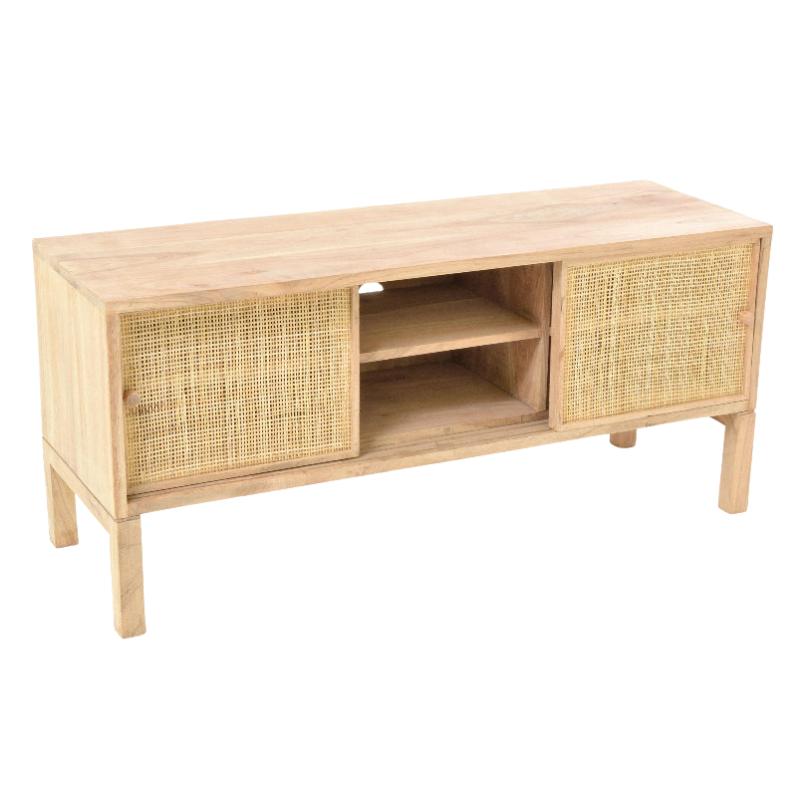Wooden TV stand with wicker doors on a white background