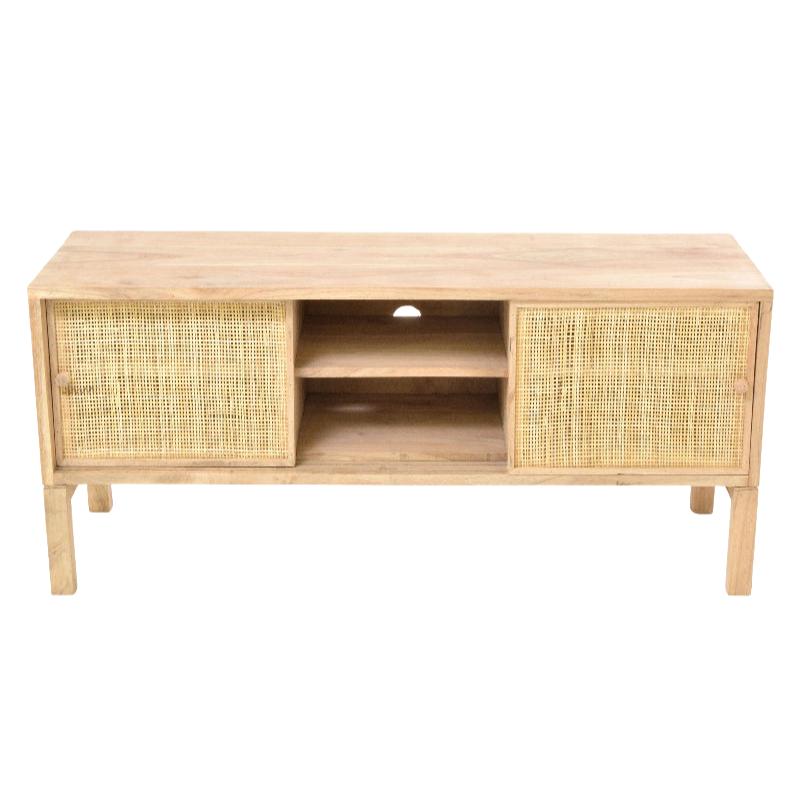 Wooden TV stand with wicker doors on a white background