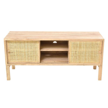 Wooden TV stand with wicker doors on a white background