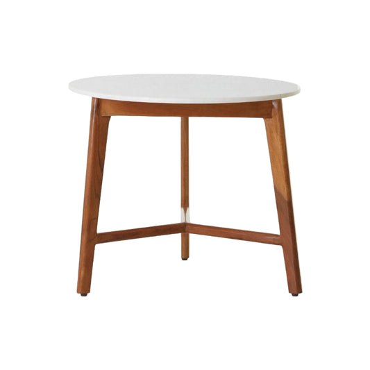 Round table with white top and wooden legs on a white background