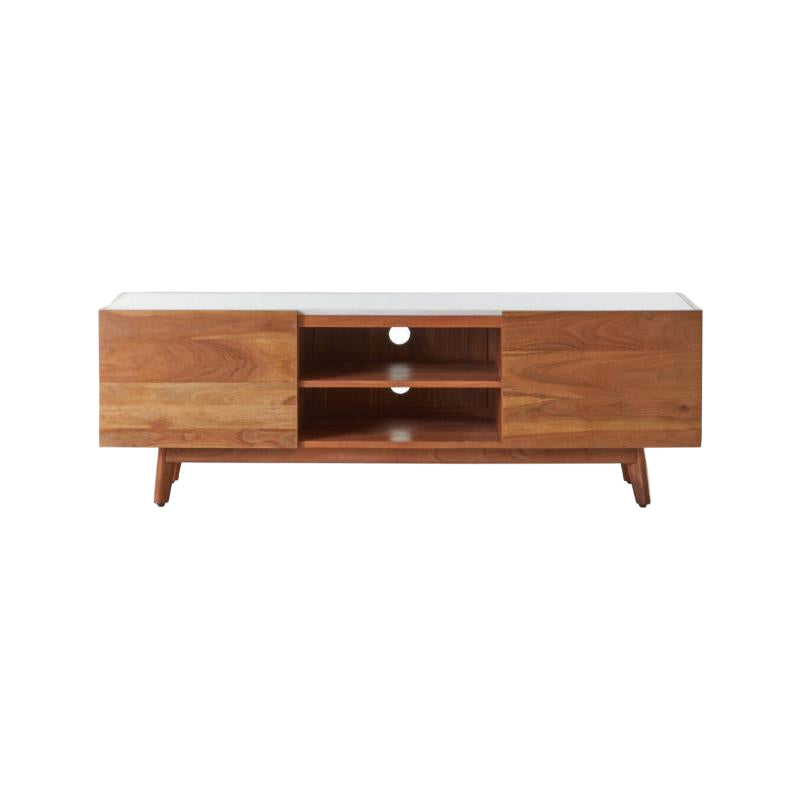 Wooden TV stand with a white top on a white background
