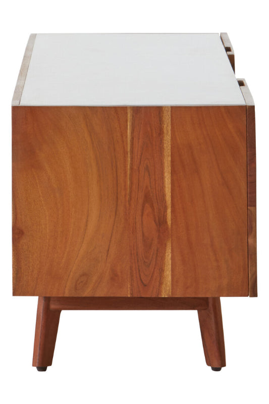 Wooden side table with a white top on a white background
