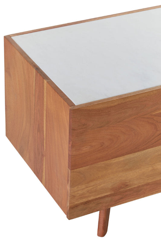 Wooden side table with a white glass top on a white background