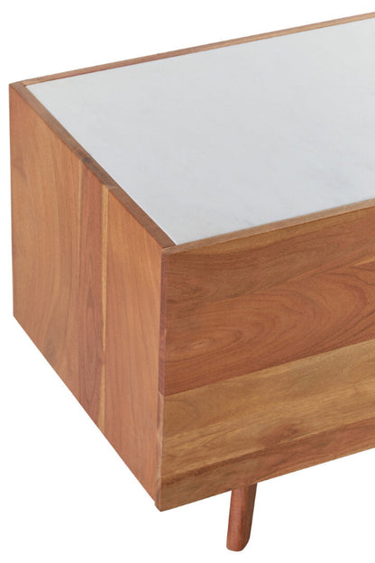 Wooden side table with a white glass top on a white background