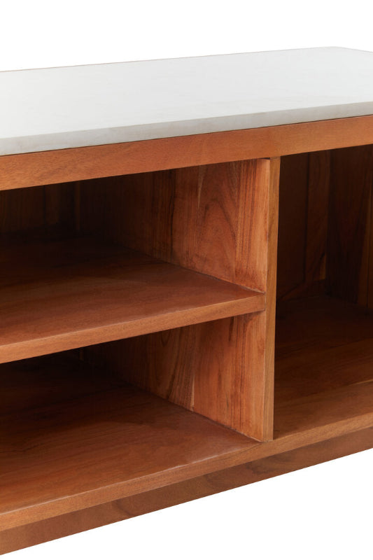 Wooden console table with a white top on a white background