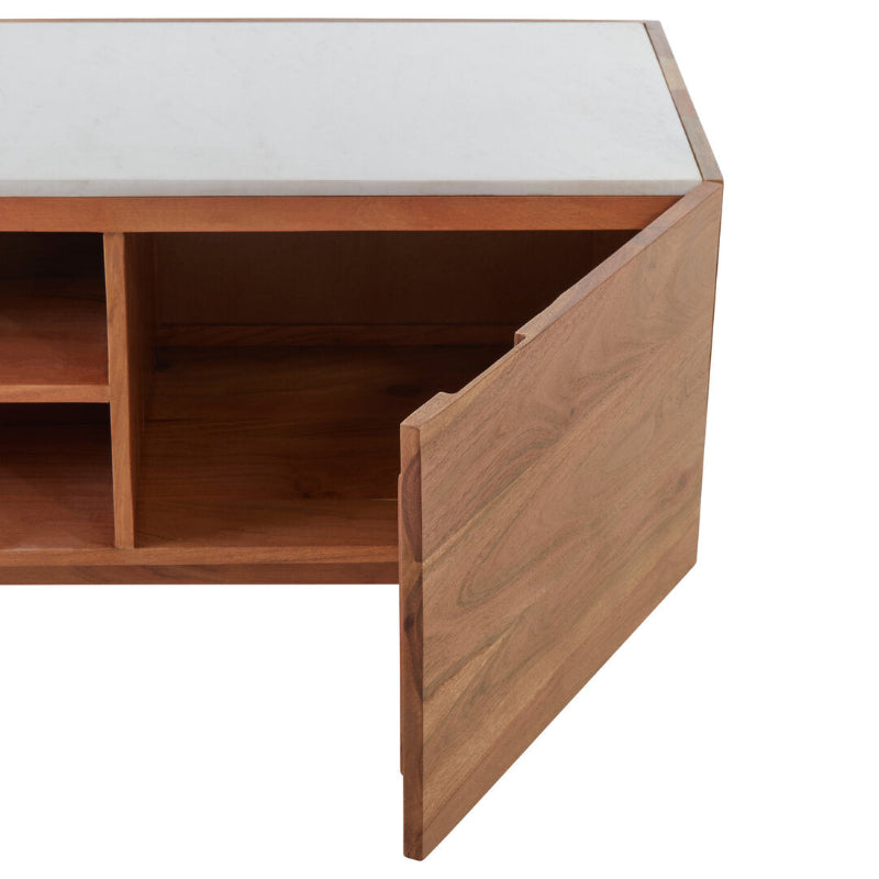 Wooden entertainment console with open cabinet door on a white background