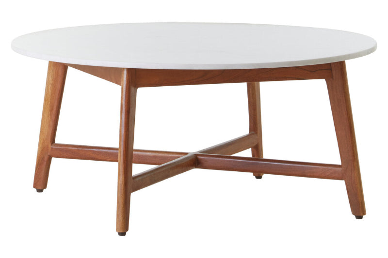 Round coffee table with white top and wooden legs on a white background