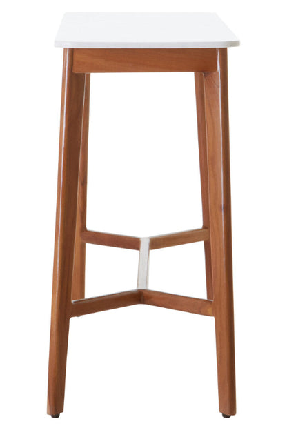 Wooden console table with a white seat on a white background