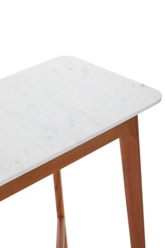 Table with marble top and wooden legs on a white background