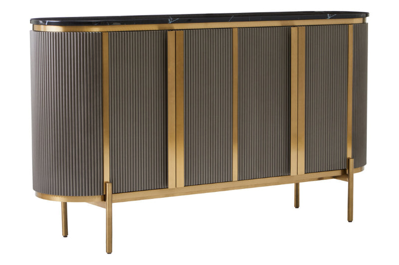 Modern sideboard with gold accents on a white background