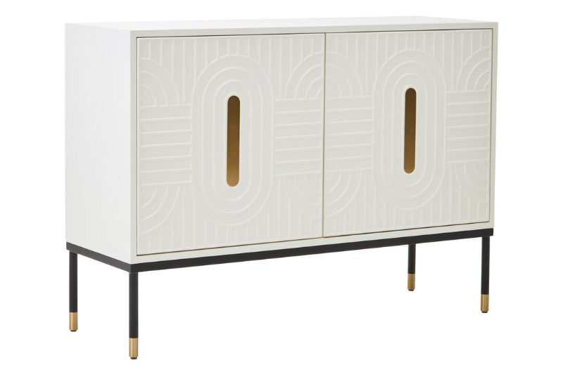White sideboard with decorative patterns and gold accents on a white background
