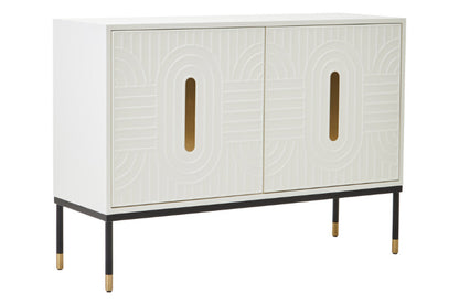 White sideboard with decorative patterns and gold accents on a white background
