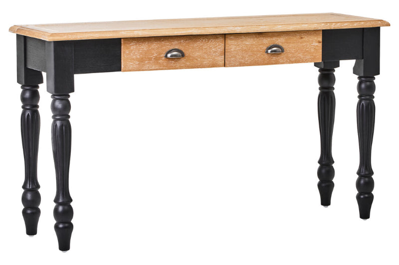 Wooden console table with black legs on a white background