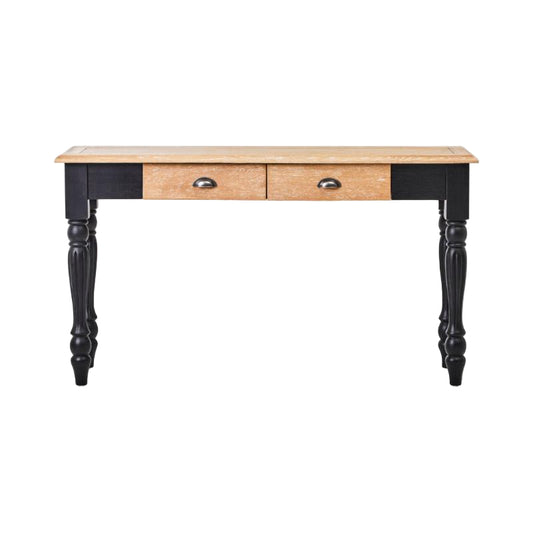 Wooden console table with black legs on a white background