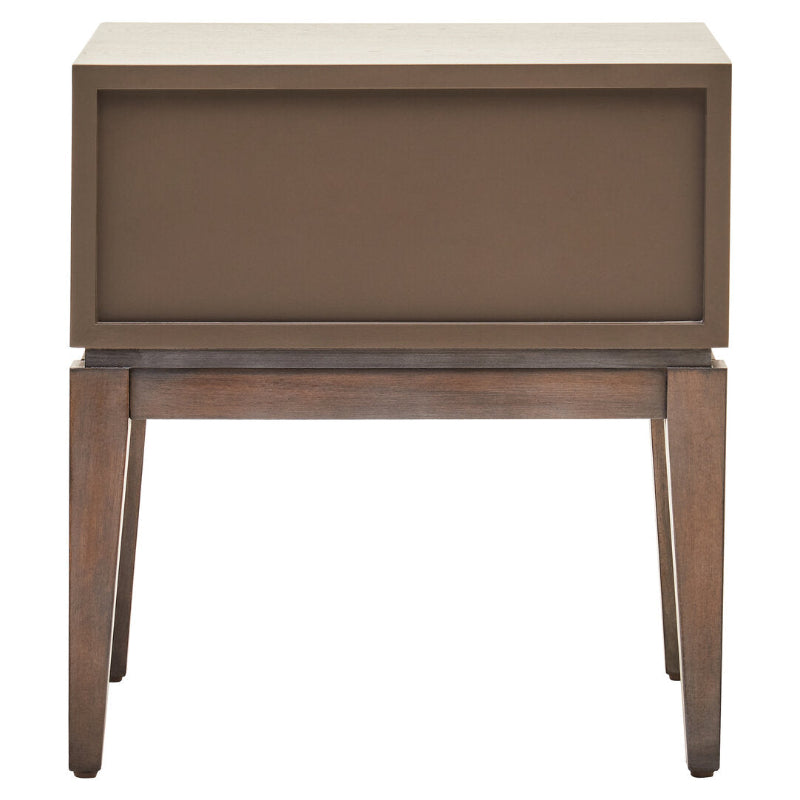 Wooden side table with a brown top and legs on a white background