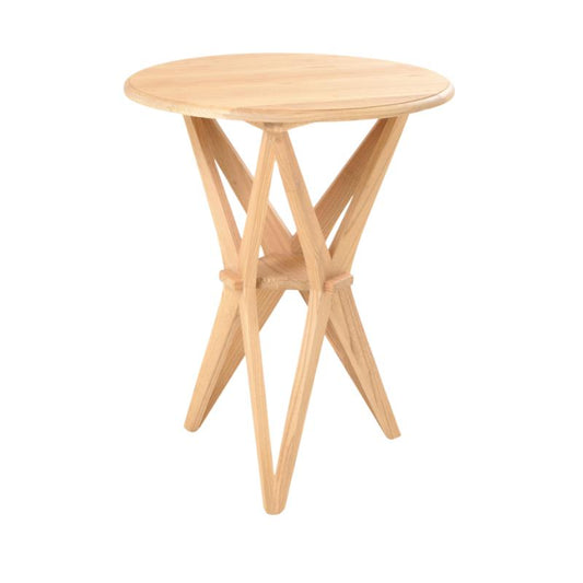 A light natural wood side table with a round tabletop and a sculptural, crisscrossing tripod base, shown against a plain white background.