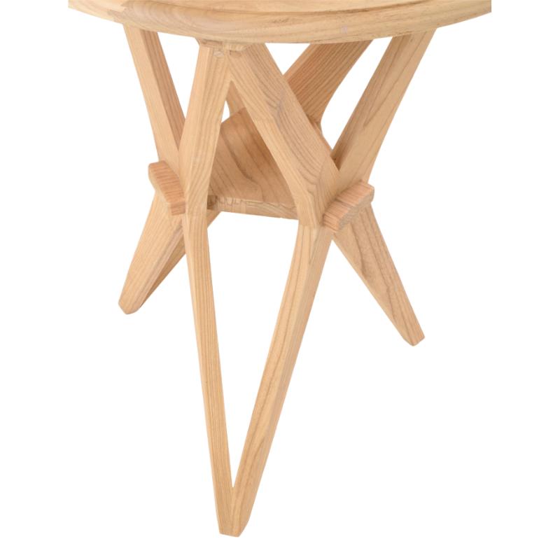 A light natural wood folding side table or stool with a round top and four splayed legs, shown on a plain white background.