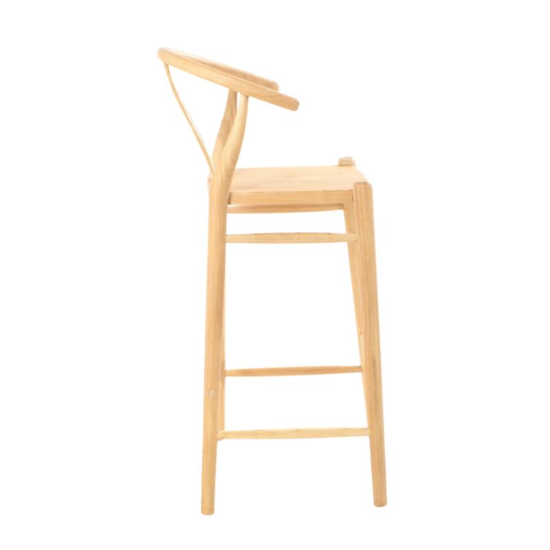 A light natural wood bar stool with a Wishbone backrest, shown from a side profile view against a plain white background.