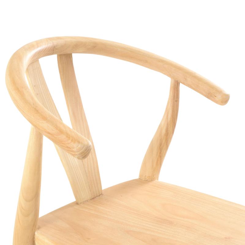 Close-up of a light natural wood chair with a curved backrest and seat on a white background.