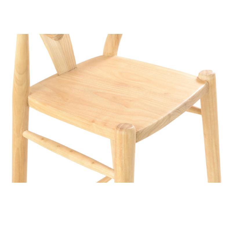 A close-up of a light natural wood dining chair showing the seat, backrest, and front legs against a plain white background.