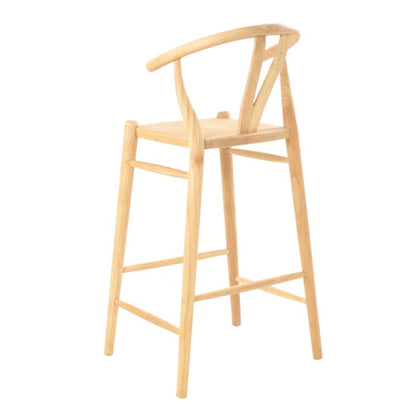 A light natural wood bar stool with a high curved backrest, shown from a three-quarter angle on a solid white background.