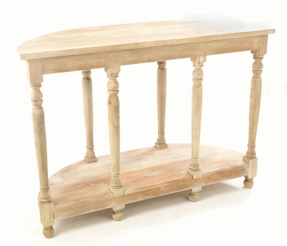 Light wooden console table with turned legs on a white background