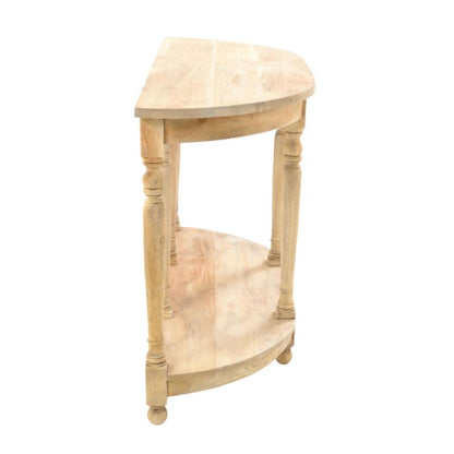 A light natural wood corner end table with a semi-circular top and a lower shelf, shown against a plain white background.