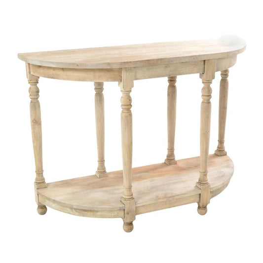 A light natural wood console table with a half-oval shape, featuring four turned legs, a lower shelf, and a distressed whitewash finish, shown on a plain white background.